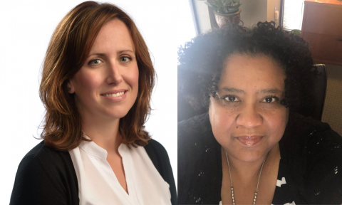 Two women side by side photos. Left photo is of woman wearing a white blouse. Right photo is a closeup of a woman.