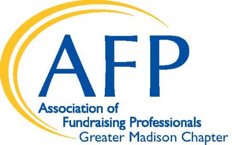 AFP Association of Fundraising Professionals Greater Madison Chapter logo with a yellow swirl and blue print.