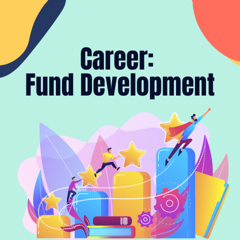 Graphic that reads "Career: Fund Development". Seafoam green background, with yellow and orange corners. The center is a graphic that is a superhero character jumping from buildings.