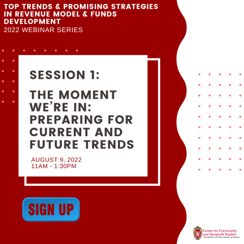 Graphic that says "Session 1: The Moment We’re In: Preparing for Current and Future Trends" The graphic is red and white.