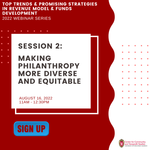 Graphic that says "Session 2: Making Philanthropy More Diverse and Equitable" The graphic is red and white.