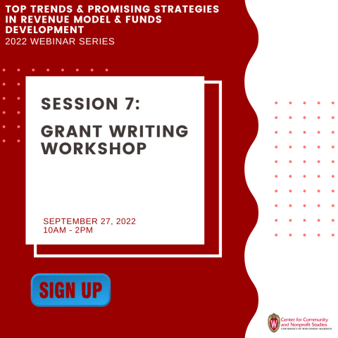 Graphic that says "Session 7: Grant Writing Workshop" The graphic is red and white.