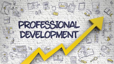 Image reads "Professional Development". It has a yellow arrow streaking across a background with small graphics of computers and coffee cups.