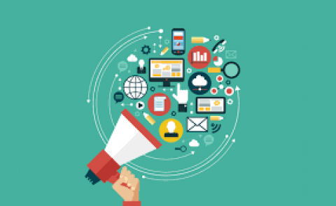 A graphic image of a megaphone with many small icons spilling out the top.