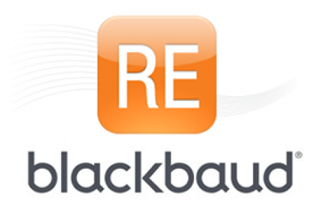 A capital RE is written in white with an orange square background. Underneath it says "blackbaud" in black lettering.