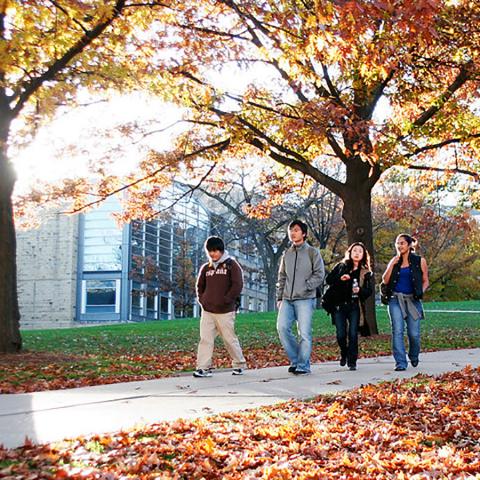 College students walking down Bascom Hill