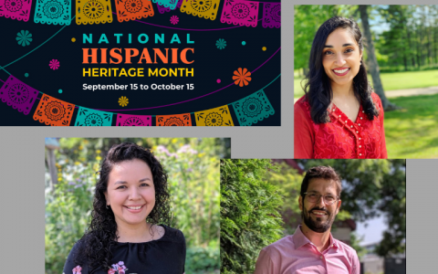 Graphic that reads "National Hispanic Heritage Month September 15 to October 15" and three headshots of people smiling.