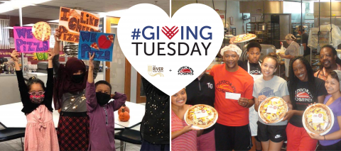Left side of photo is kids holding up signs. Right side of photo is a group shot of smiling people holding pizzas. In the center of the photos it says "Giving Tuesday"