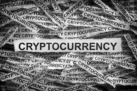 Small torn pieces of paper that read "Cryptocurrency" all scattered together in a black and white photo.