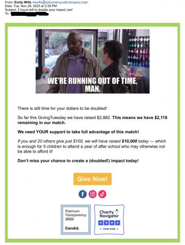 Copy of an email with a graphic and text regarding GivingTuesday.