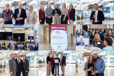 A collage of photos all with people standing in small groups and smiling at the camera. The center image is a welcome sign.