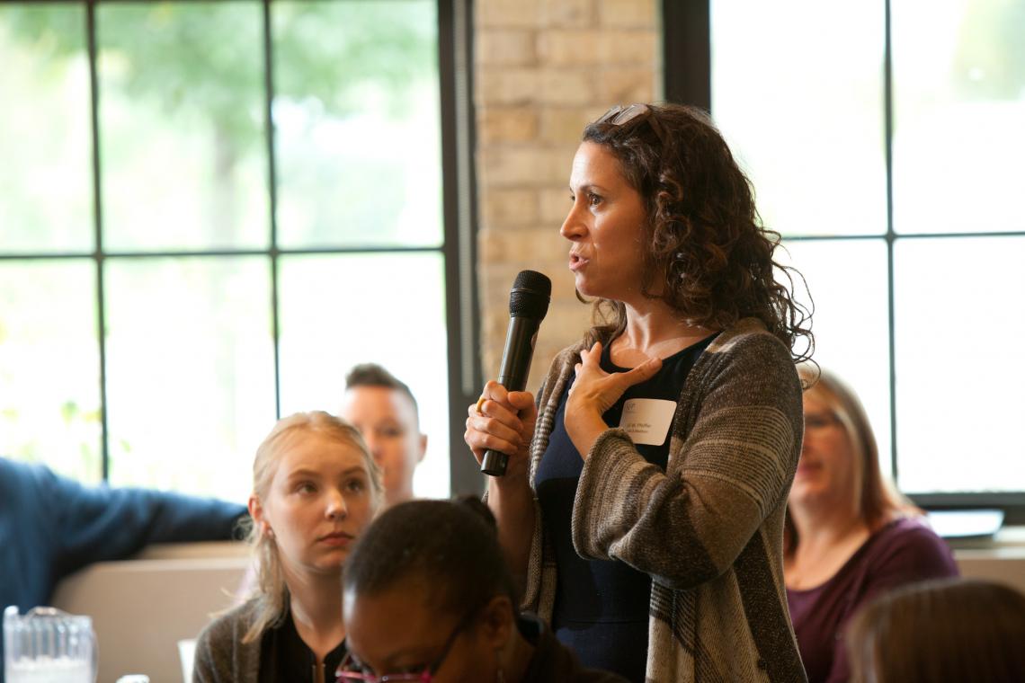 Woman at microphone