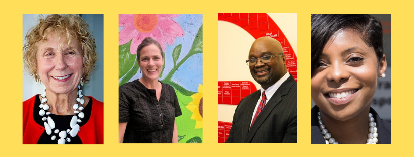 Four headshot photos set to a yellow background. Left to right: woman smiling wearing a red sweater and white necklace, woman smiling wearing a black shirt standing by a floral painted background, man wearing a suit standing by a red and white background, close up of a woman smiling.