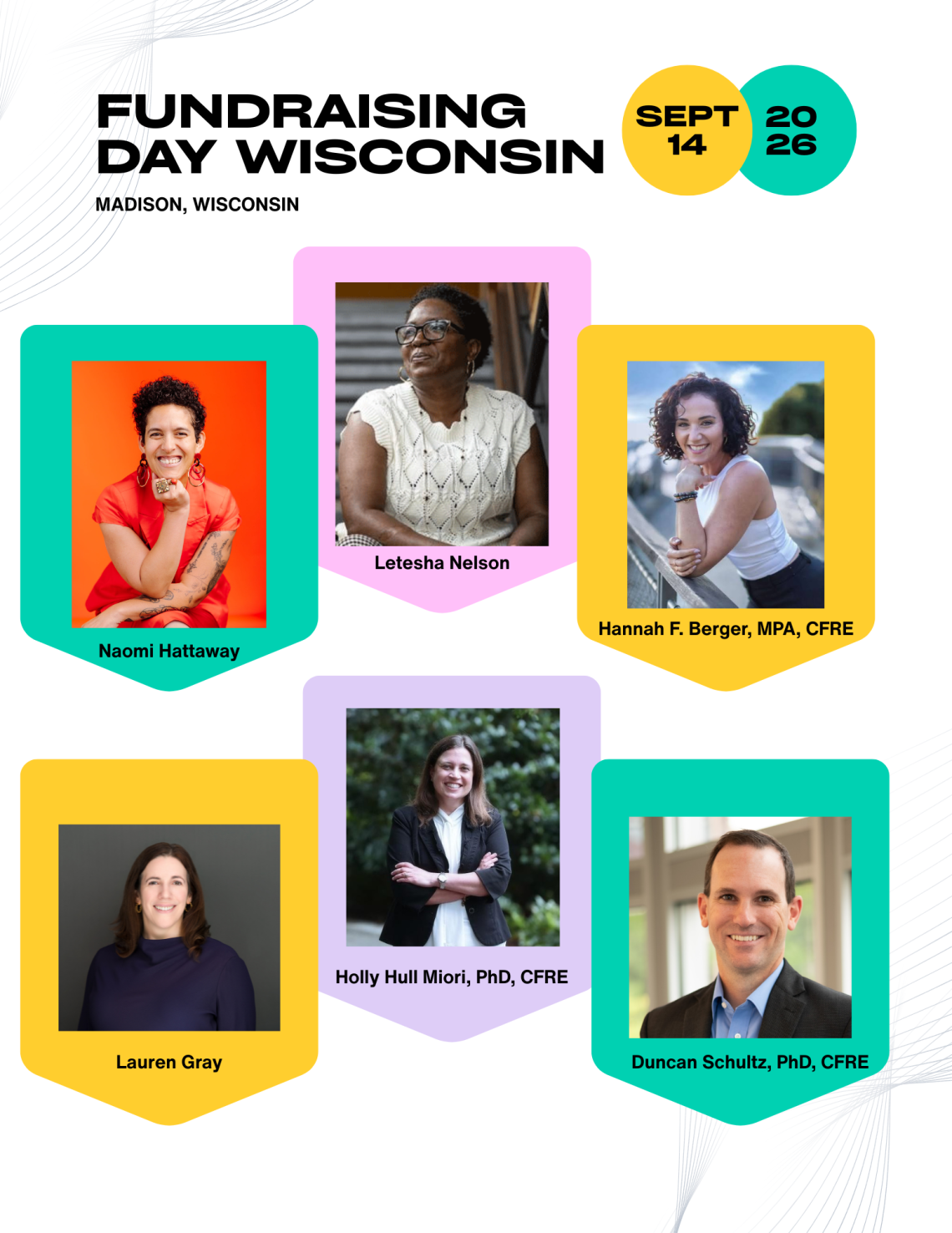 A colorful graphic with photos of six presenters for the Fundraising Day Wisconsin Conference.